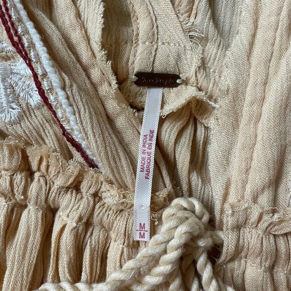 Free People M Midi Dress | Boho Embroidered Gauze, Ruffle Sleeves, Tassel Tie - Picture 5 of 7